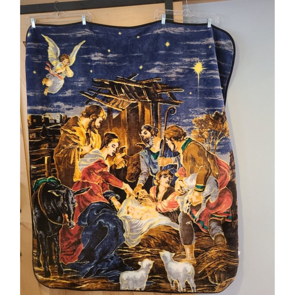 Nativity Scene Christmas Fleece Throw Jesus Mary Joseph Angel Manger Blanket - Picture 2 of 13